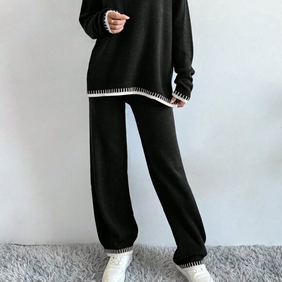 Multicolor Casual Women's Round Neck Drop Shoulder Sweater And Knitted Pants Set - Picture 5 of 6